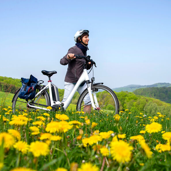 Fahrradfahrerin schiebt ihr E Bike durch Frühlingswiese mit blühendem Löwenzahn
