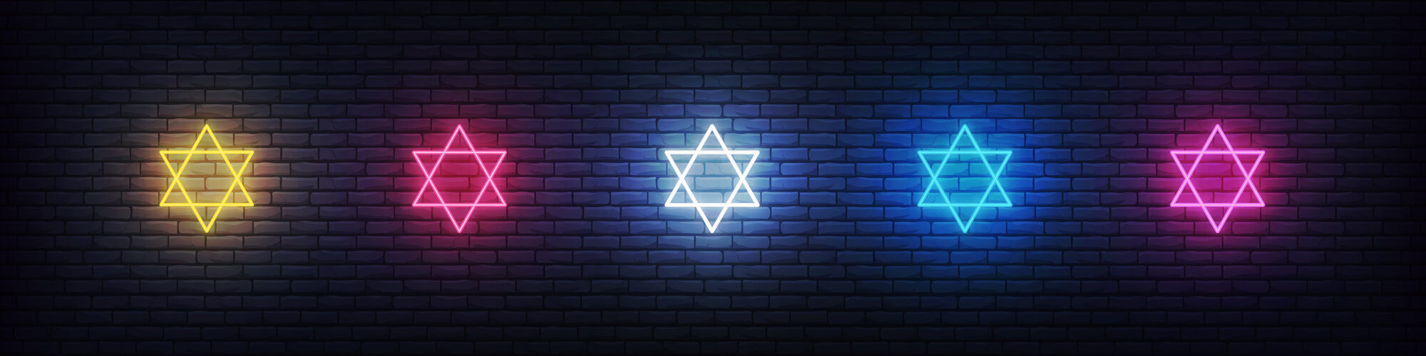 Neon Stars of David set. Jewish sign decorations for Hanukkah